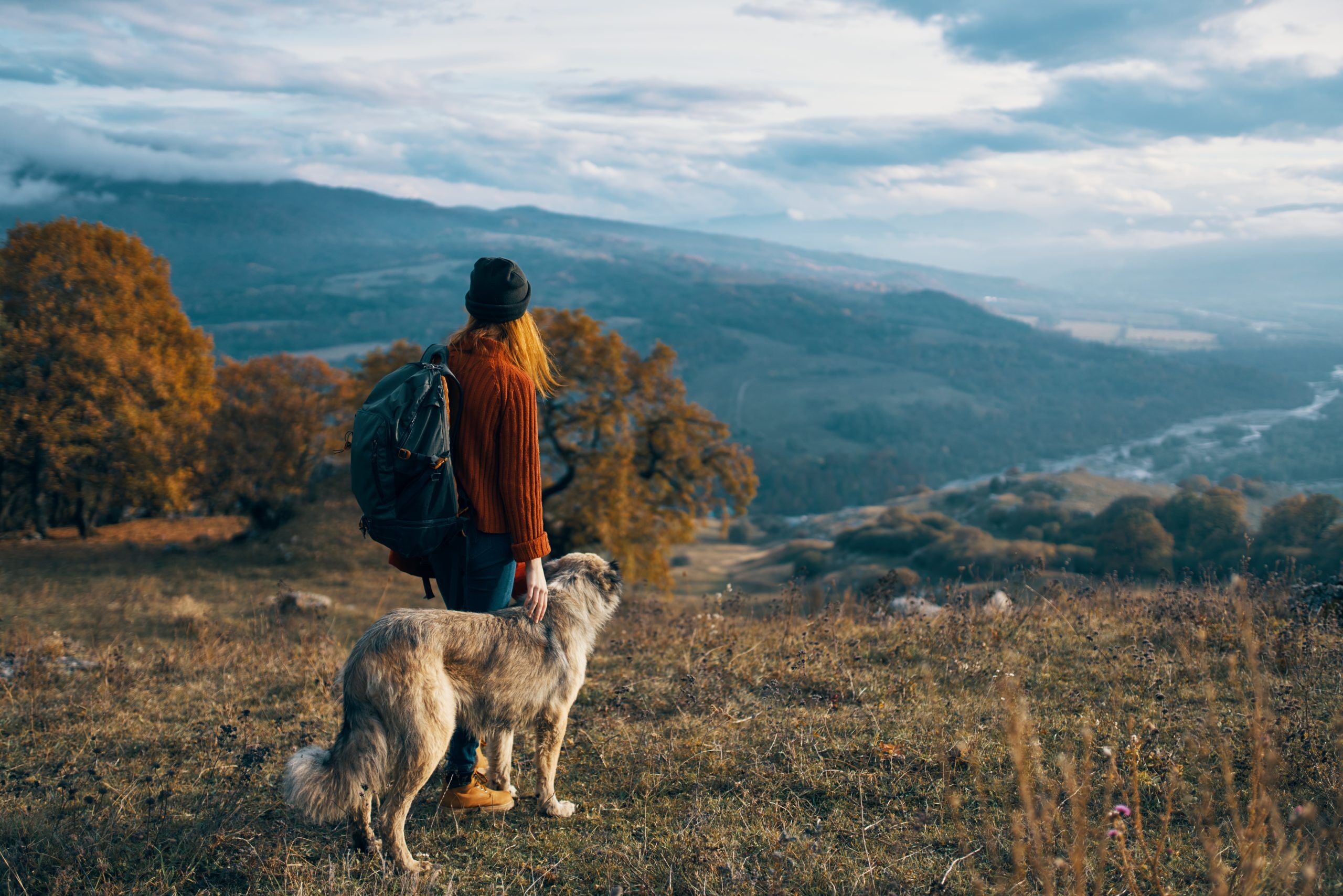 girl with dog traveling