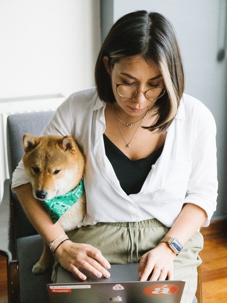 Woman on laptop with shiba